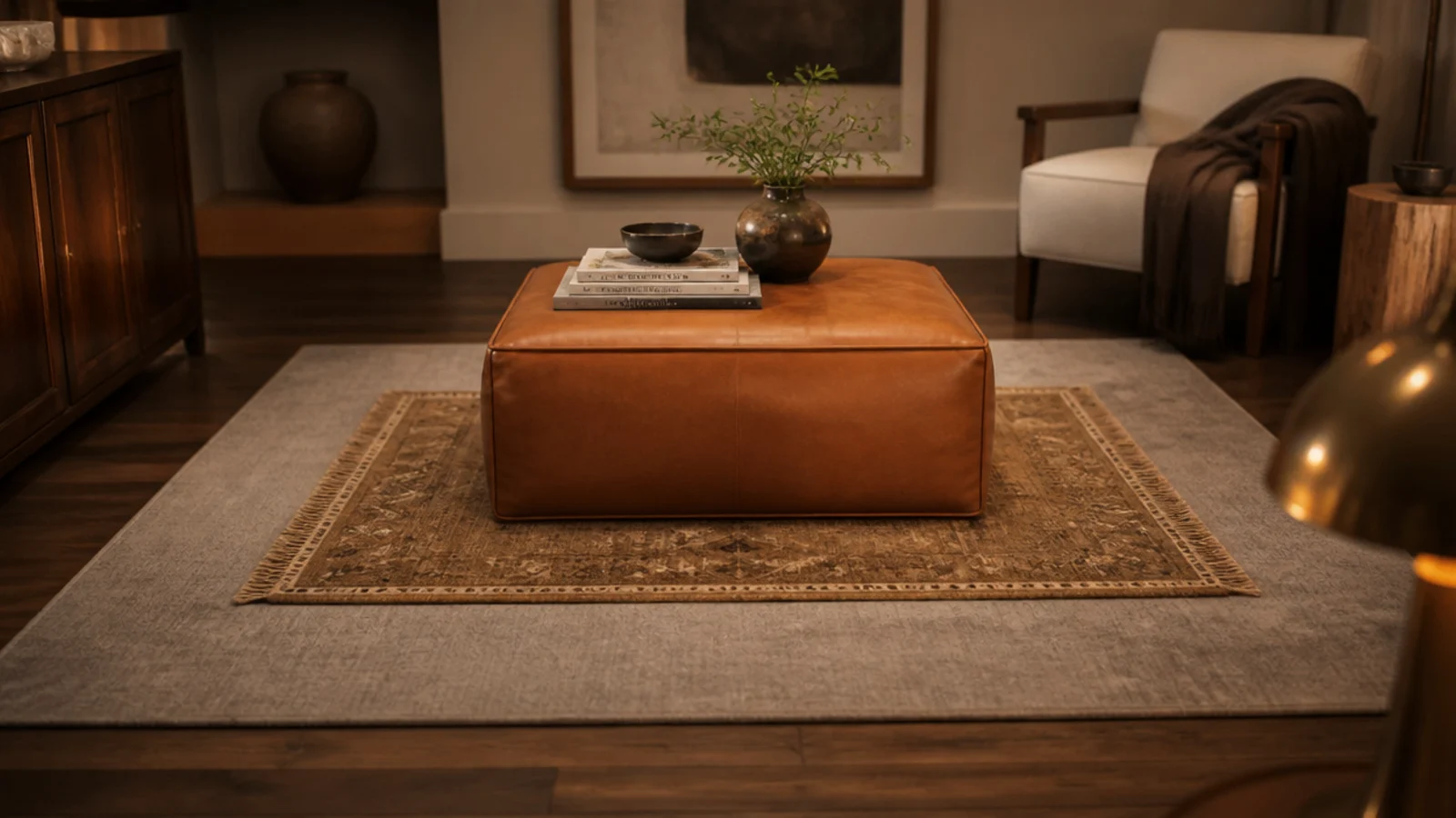 small hand knotted rug layered over a wide neutral base rug