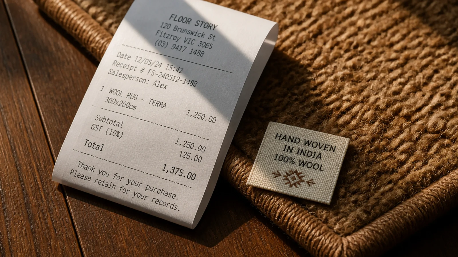 folded receipt and origin tag resting on the corner of a wool rug