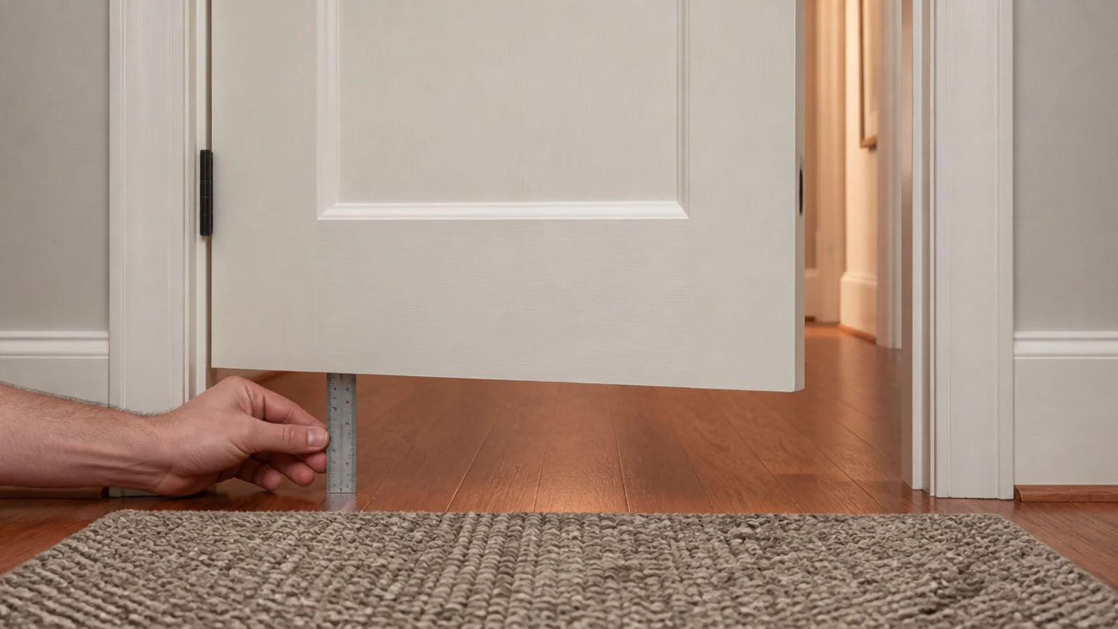 interior door swinging clear above a low pile rug and its pad
