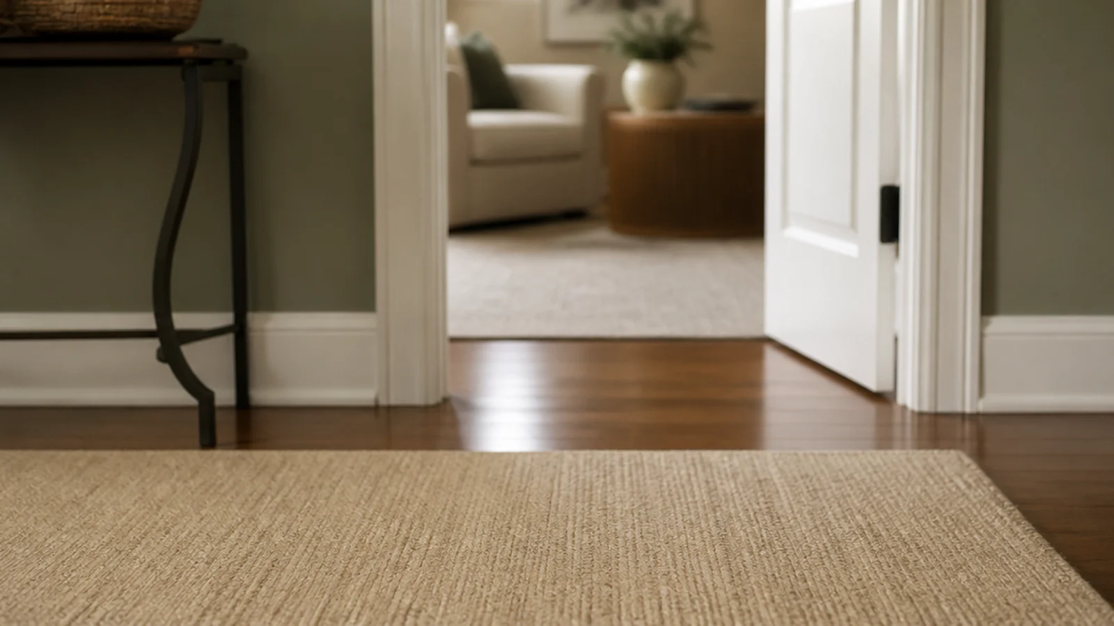 flat low pile rug ending well short of a busy interior threshold