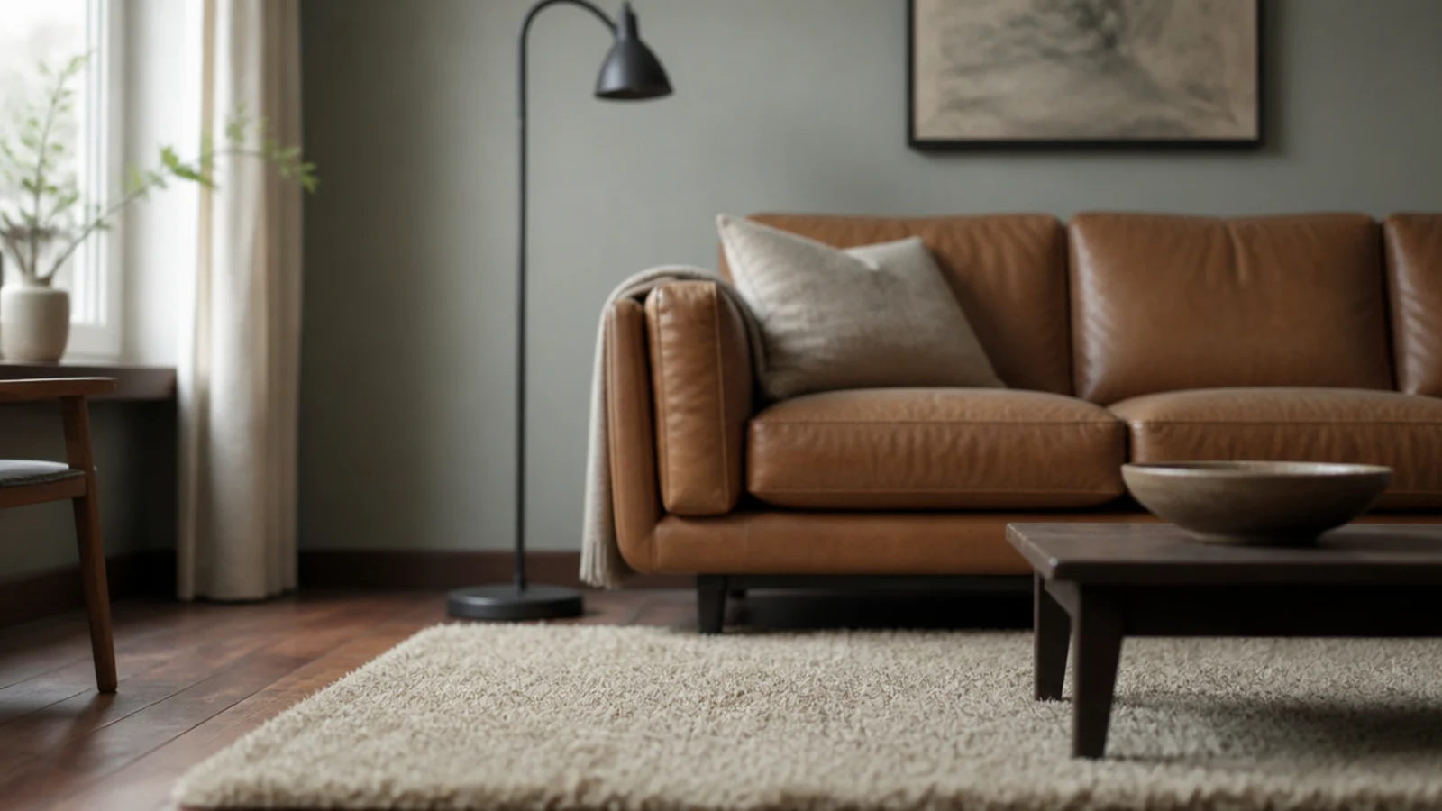 dense wool rug sitting on golden oak boards in a quiet sitting room
