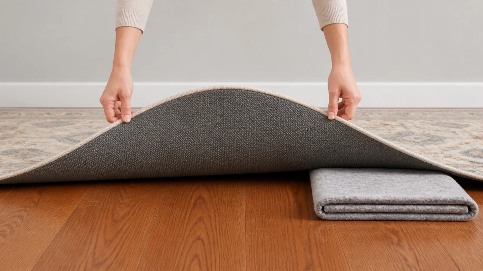 washable rug lifted to show its rubberised backing above oak boards
