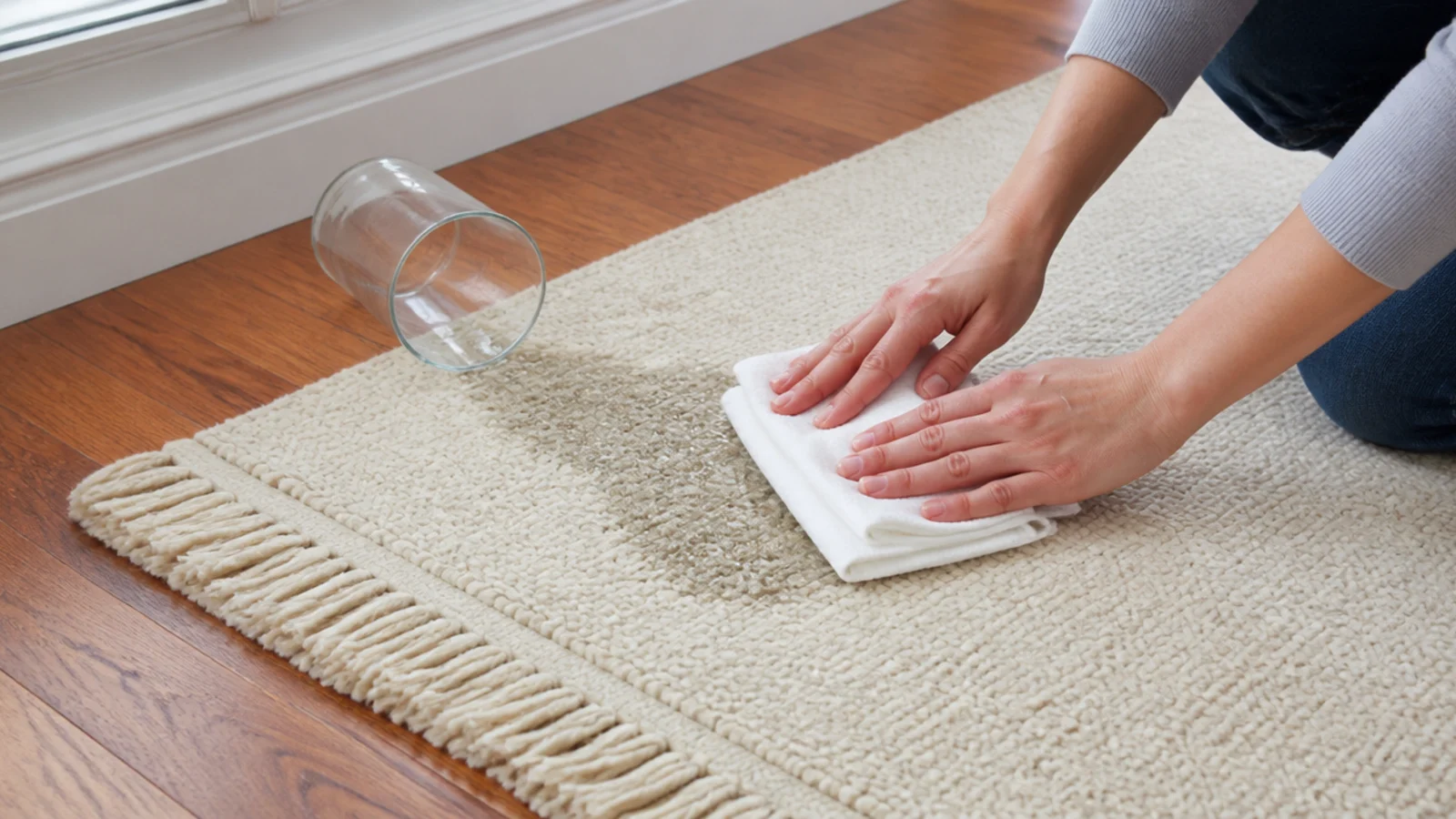 cloth pressed into a rug over oak boards to lift a fresh spill