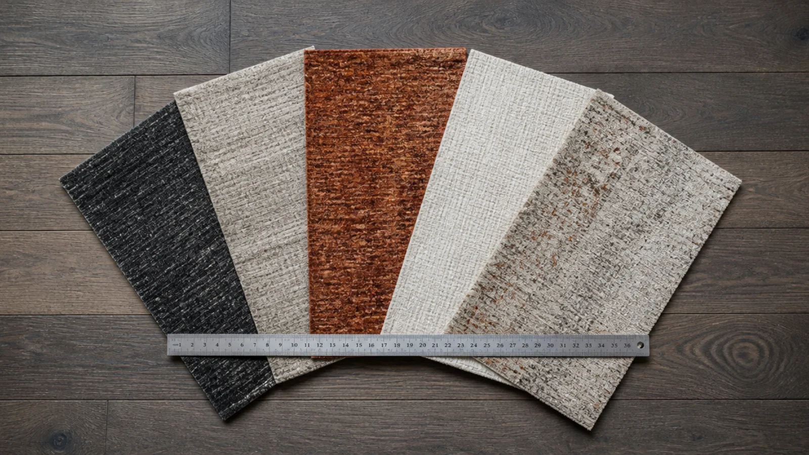 contemporary rug samples fanned across wide fumed oak floorboards