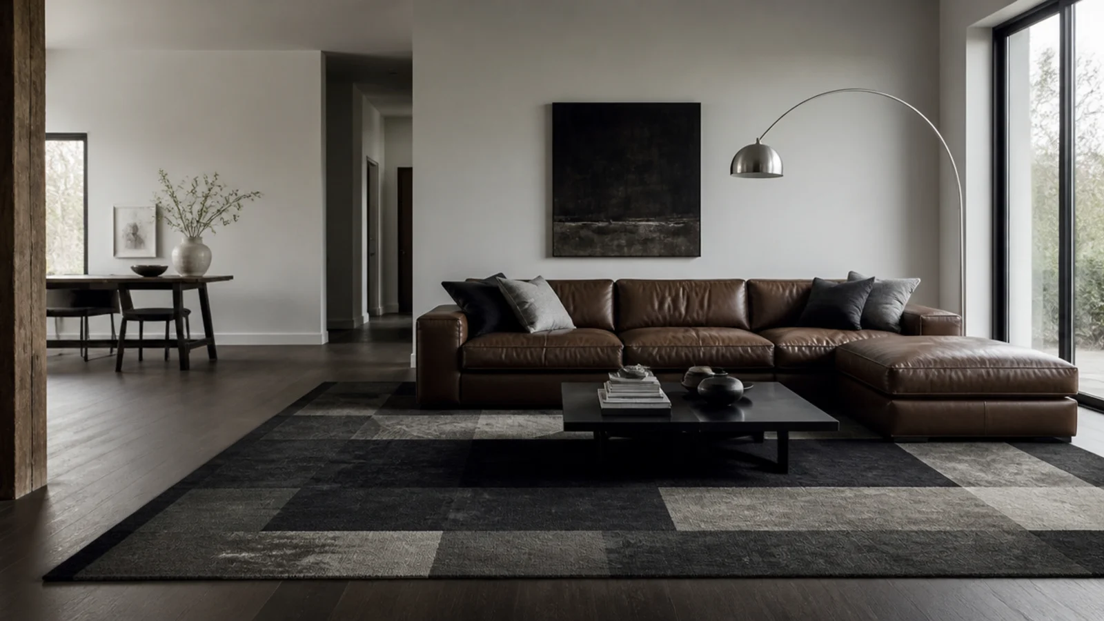 large scale geometric rug reading clearly across a wide open room