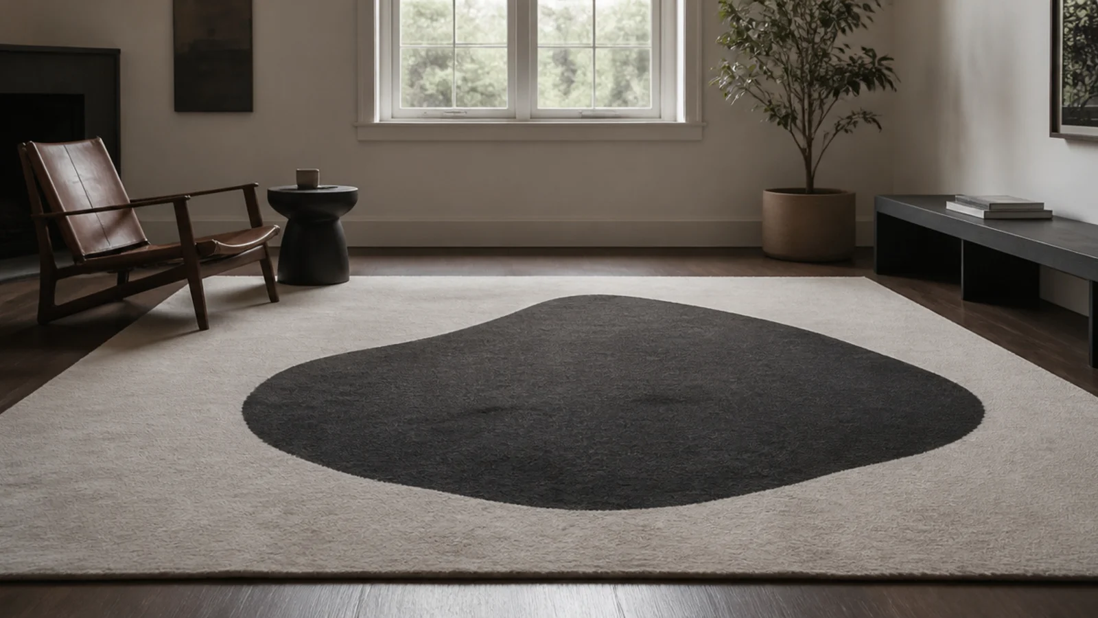 single large abstract form set within an otherwise empty rug field