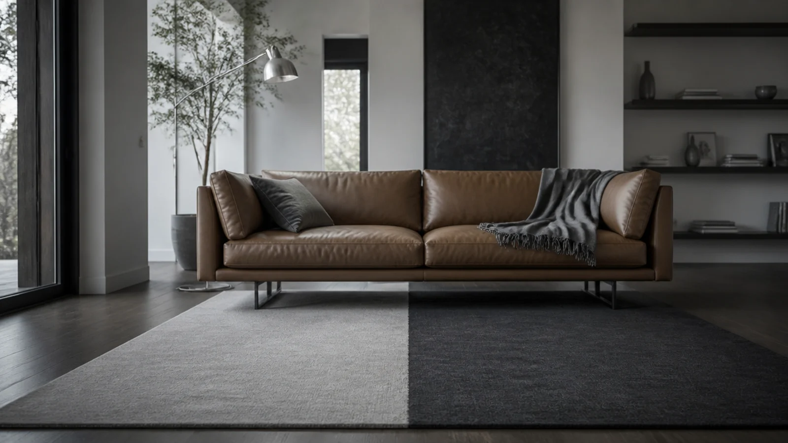 rug split into two clean blocks of contrasting neutral colour