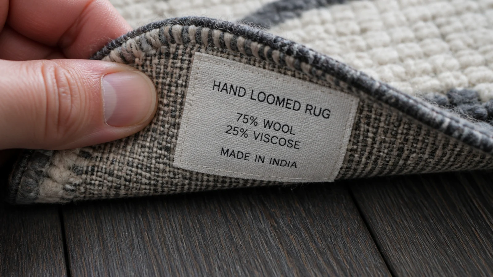 fibre content label folded out from a hand loomed rug edge