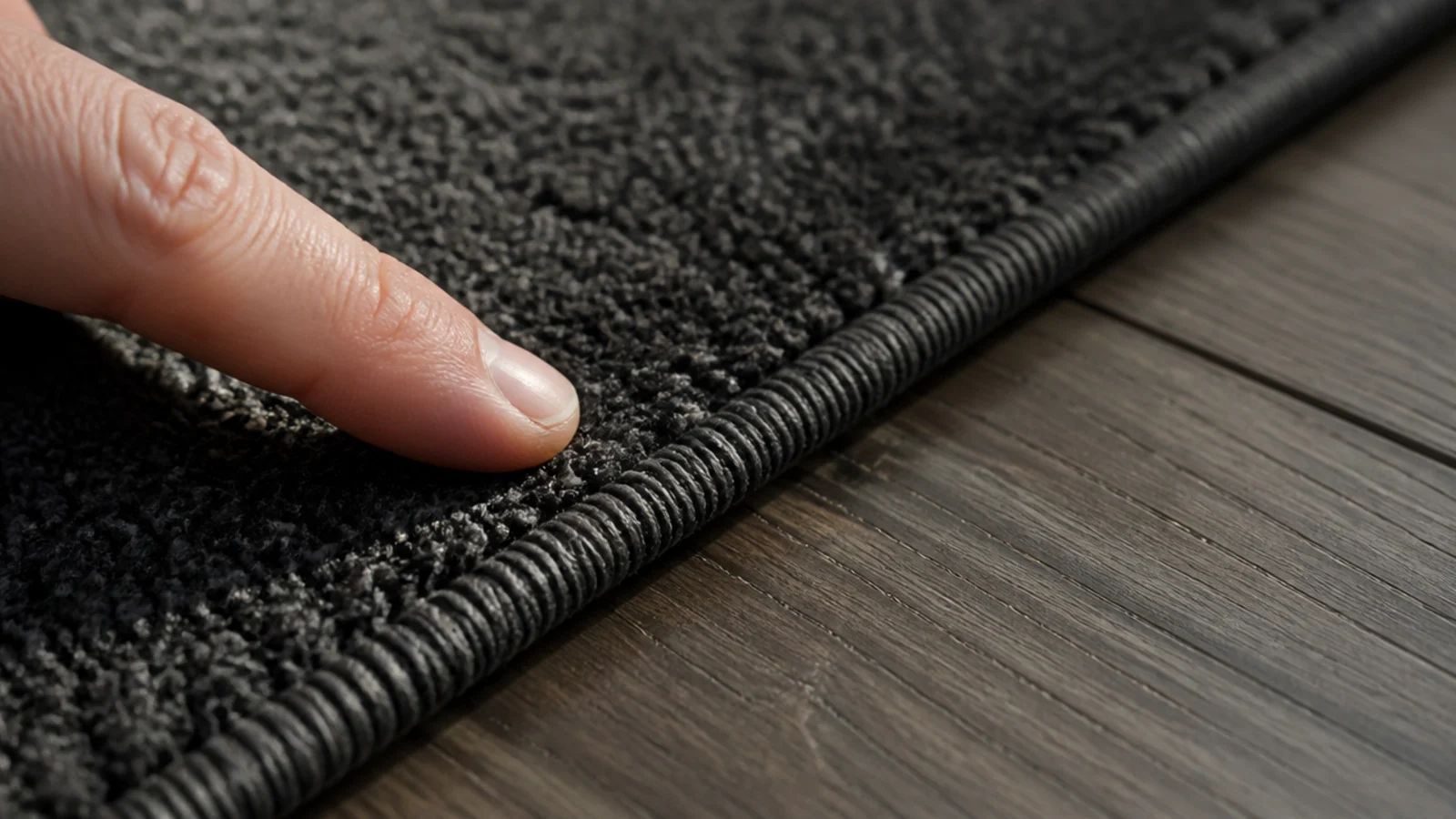 tone matched serged binding running along a modern rug edge