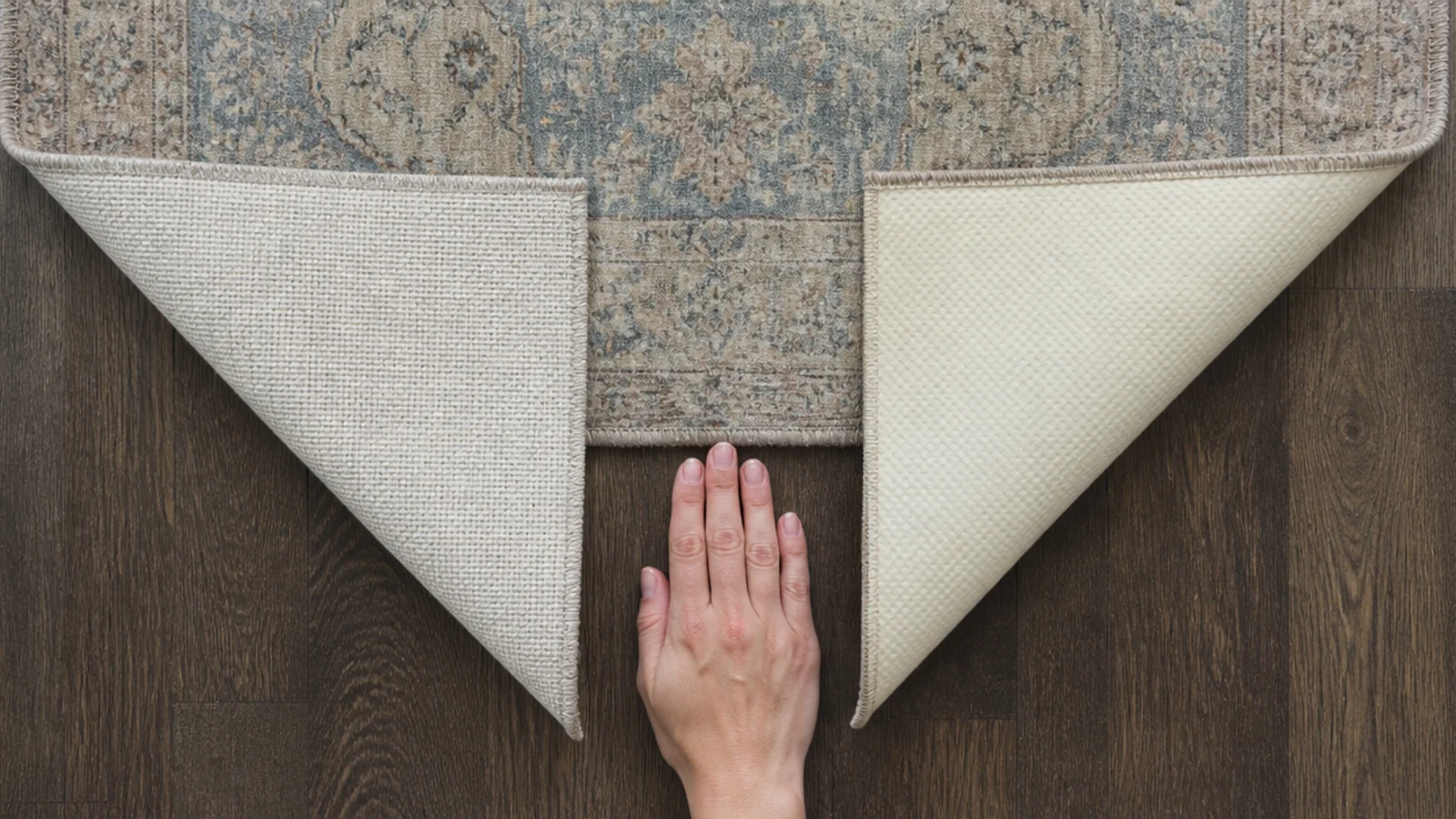 woven rug backing turned up beside a stiff latex coated example