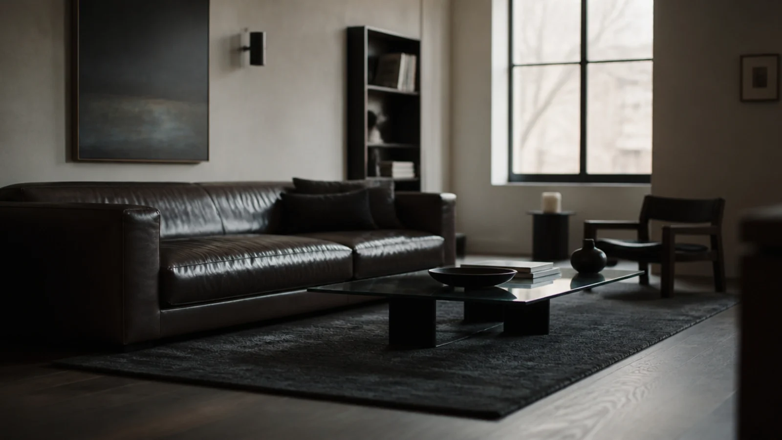 deep charcoal rug reading softer than a flat black would
