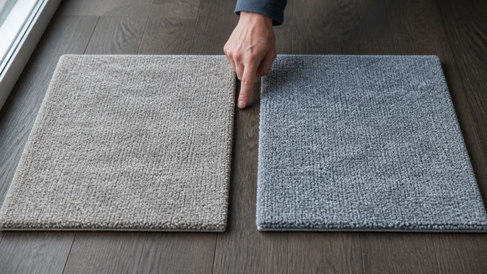 two grey rug swatches compared against warm toned oak boards