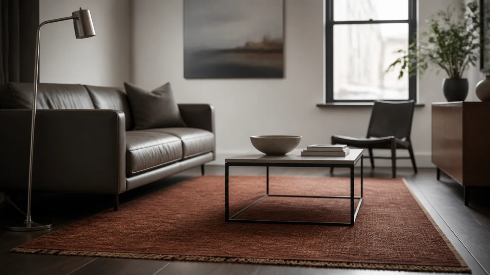rust toned modern rug holding its colour in a bright grey room