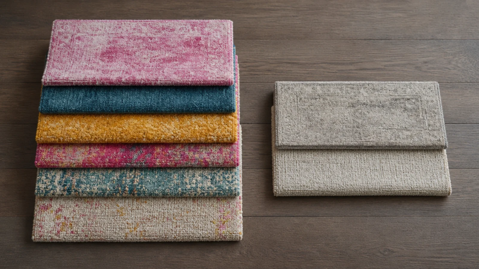 stack of rug samples in strongly fashionable colours set aside