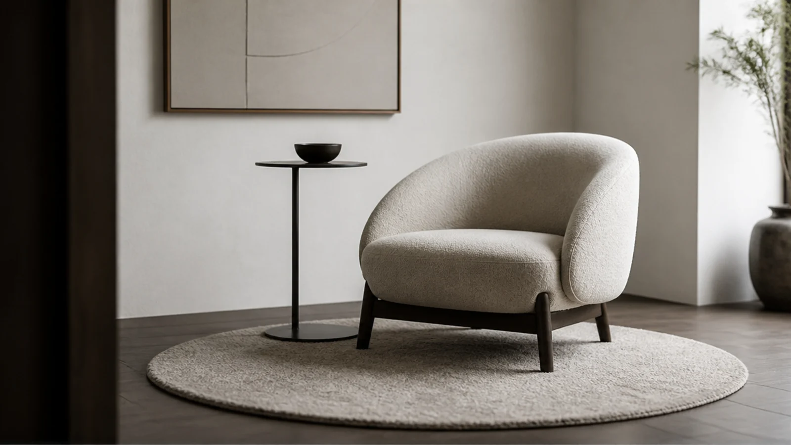 round modern rug set beneath a curved back lounge chair