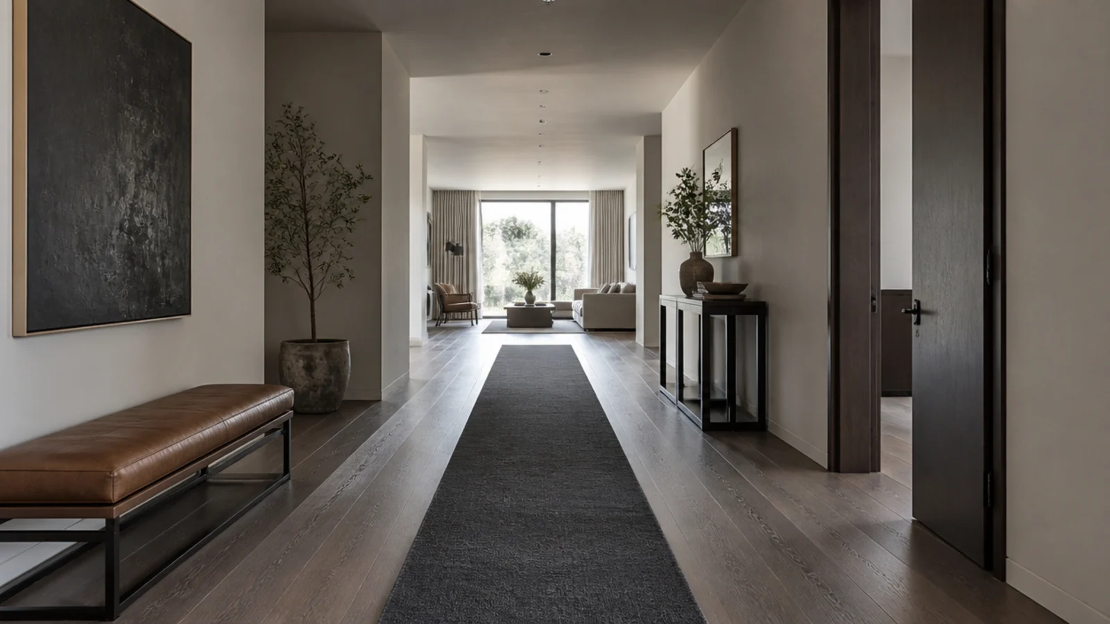 narrow graphic runner drawn across a wide modern living space