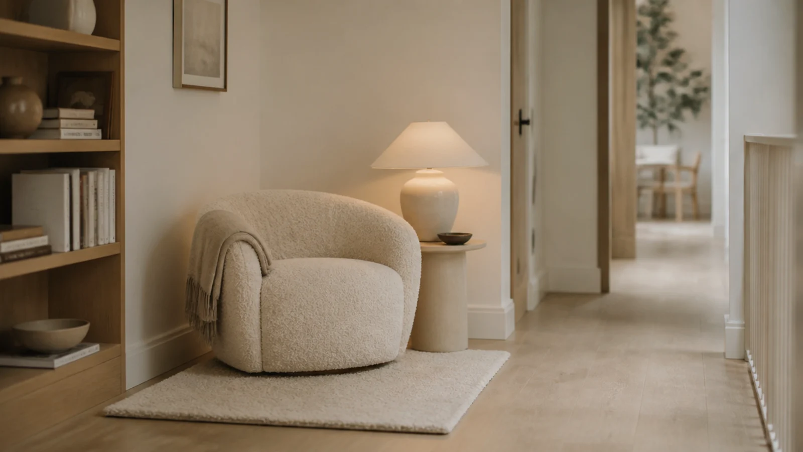 ivory rug under a reading chair well clear of the main route