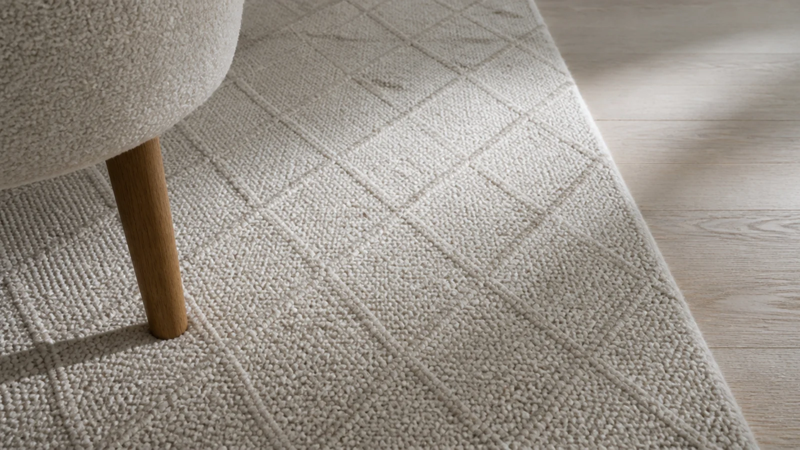 faint diamond lattice woven into a pale neutral wool rug surface