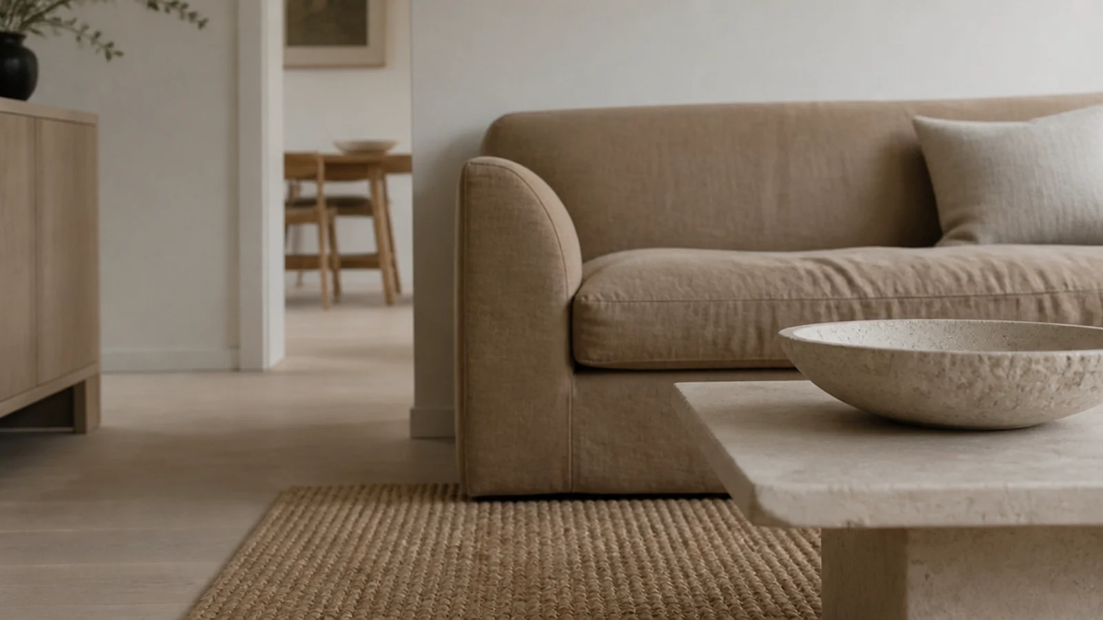 woven natural fibre rug bringing warmth to a pale neutral room