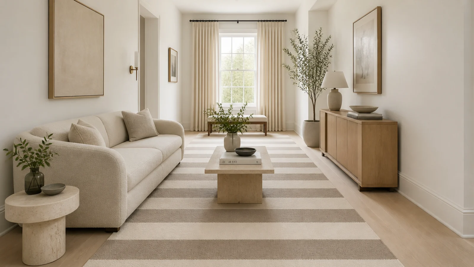 wide two tone stripe running the length of a narrow living room