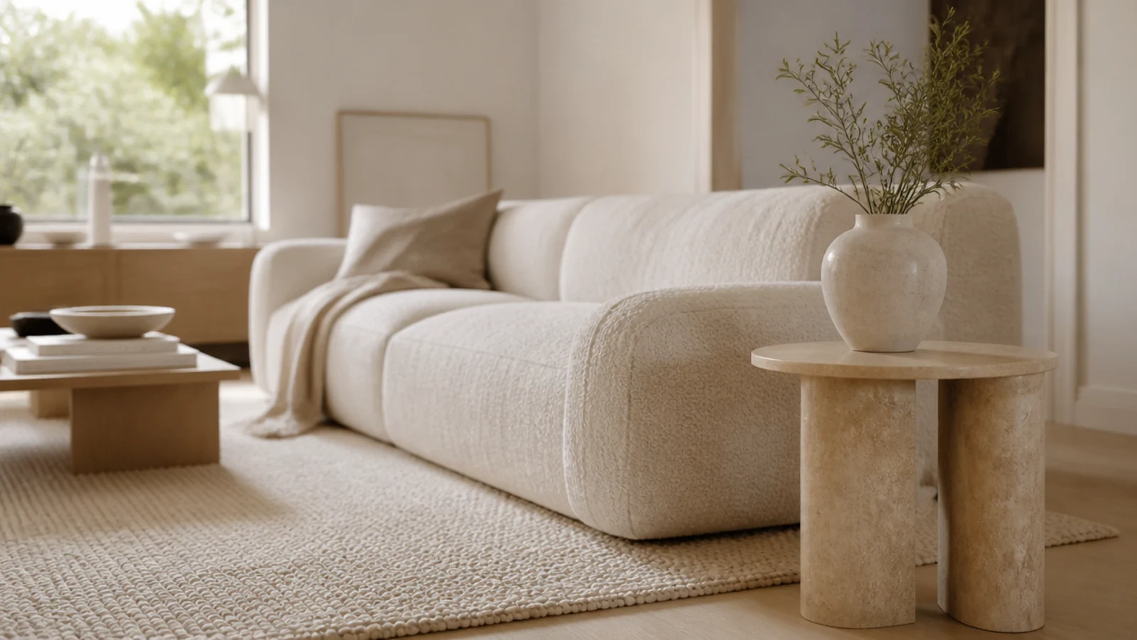 neutral area rugs in a living room layered over pale limed oak boards