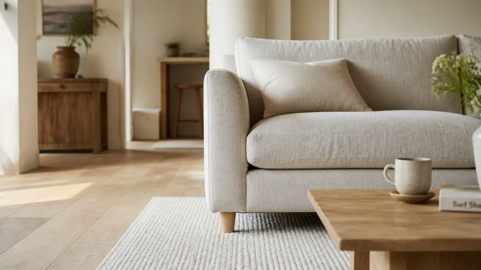 wool rugs in a living room warming pale oak floors at breakfast time
