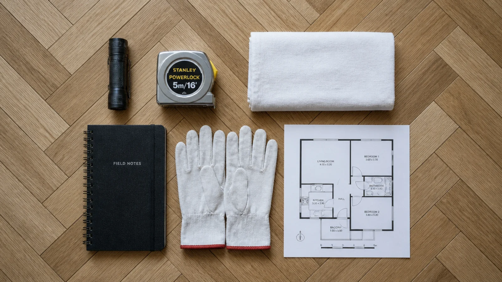 torch tape measure white cloth and notebook set out for rug hunting