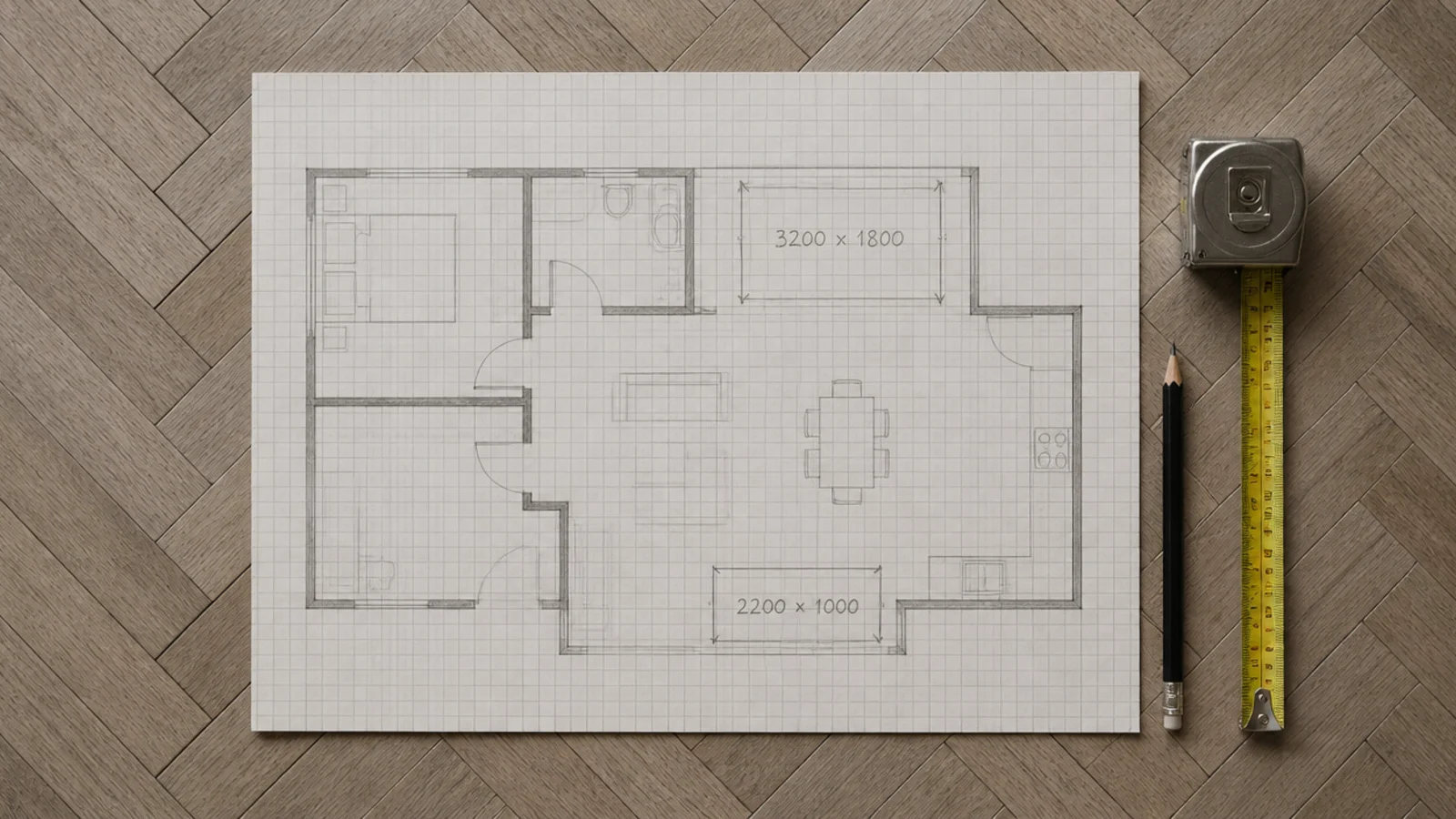 floor plan marked with two acceptable rug size ranges in pencil