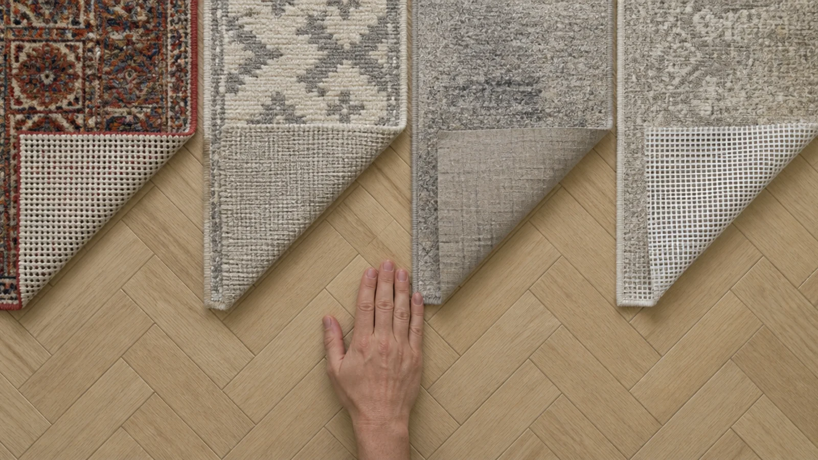 four rug backs compared showing knotted flatweave tufted and machine
