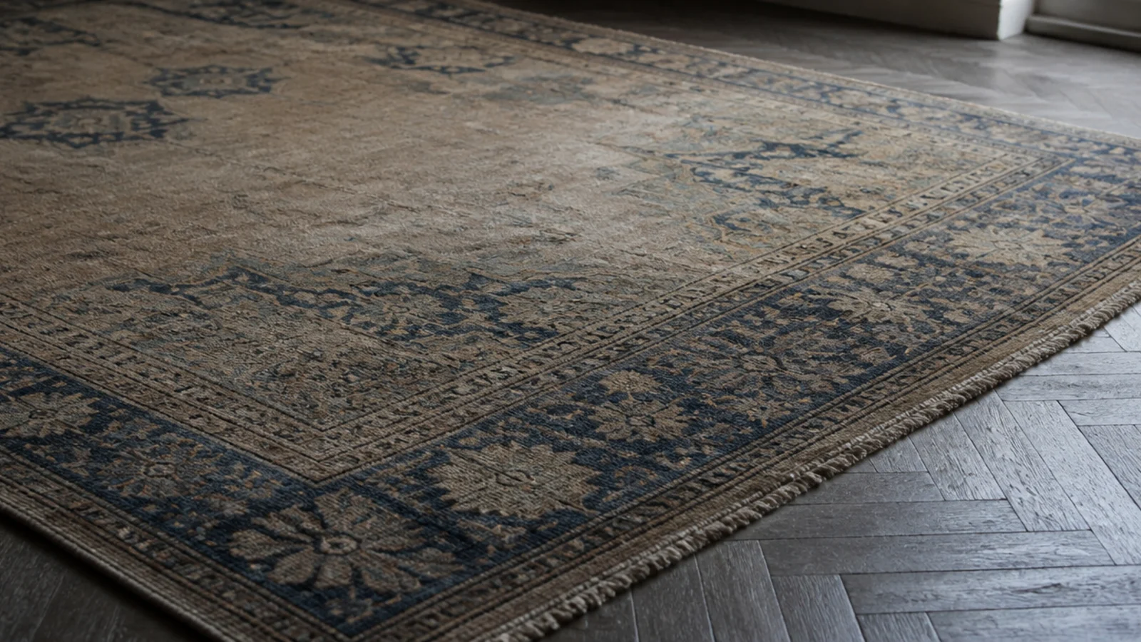 worn low pile area contrasting with fuller pile at a rug edge