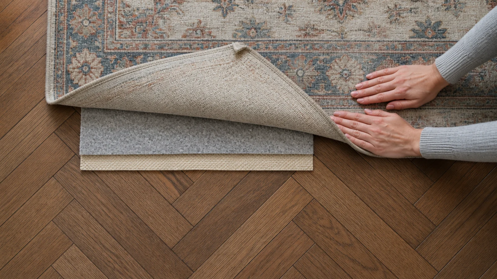 vintage rug laid over a felt and rubber pad on parquet flooring