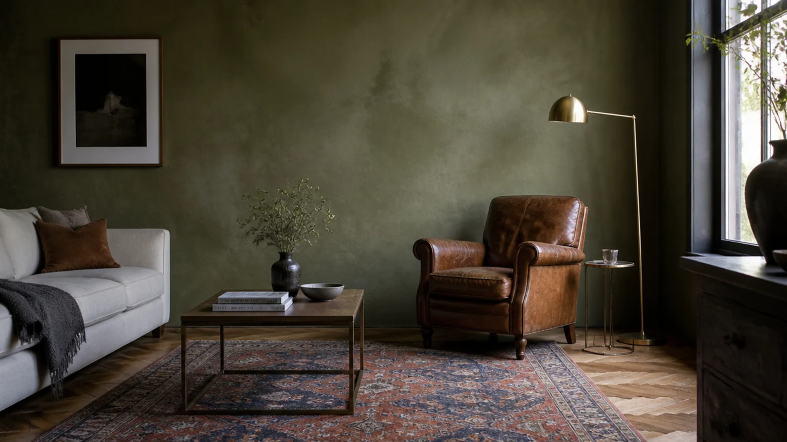 vintage rugs in a living room laid across herringbone parquet flooring