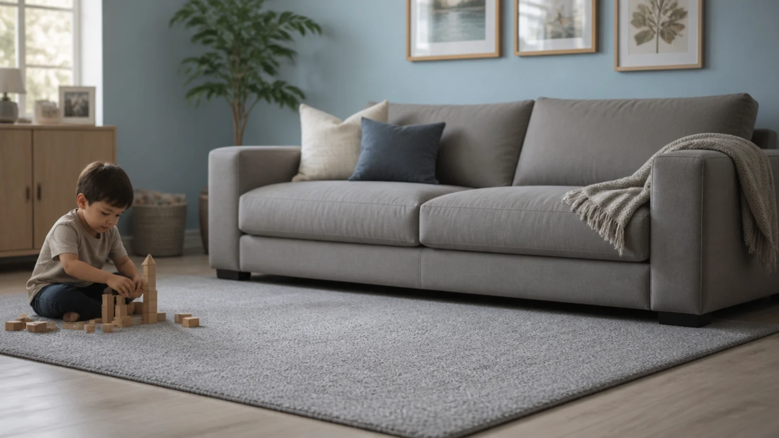 one piece chenille washable rug lying flat under a family sofa
