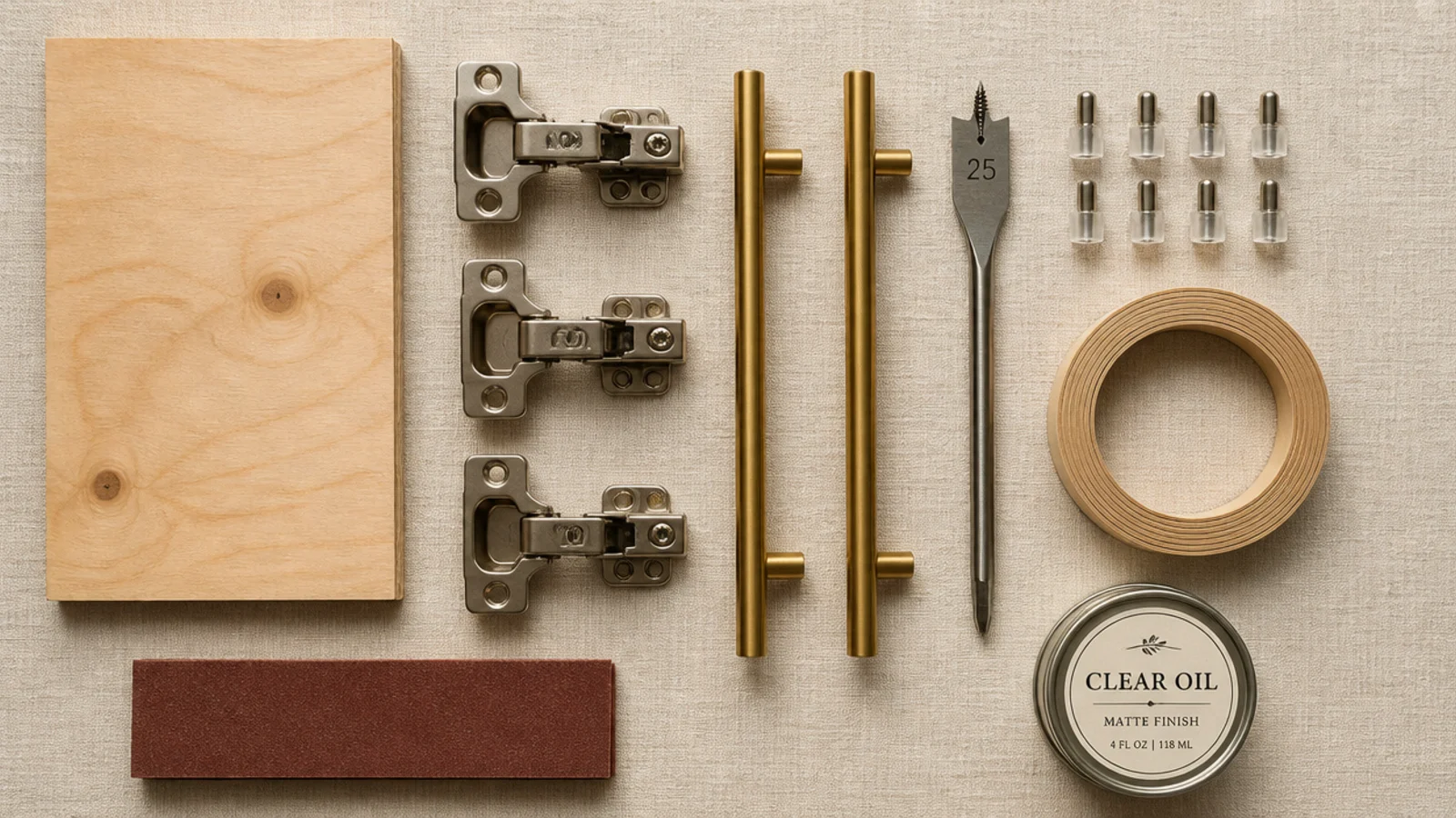 flat lay of tools and hardware for building a wooden shoe cabinet