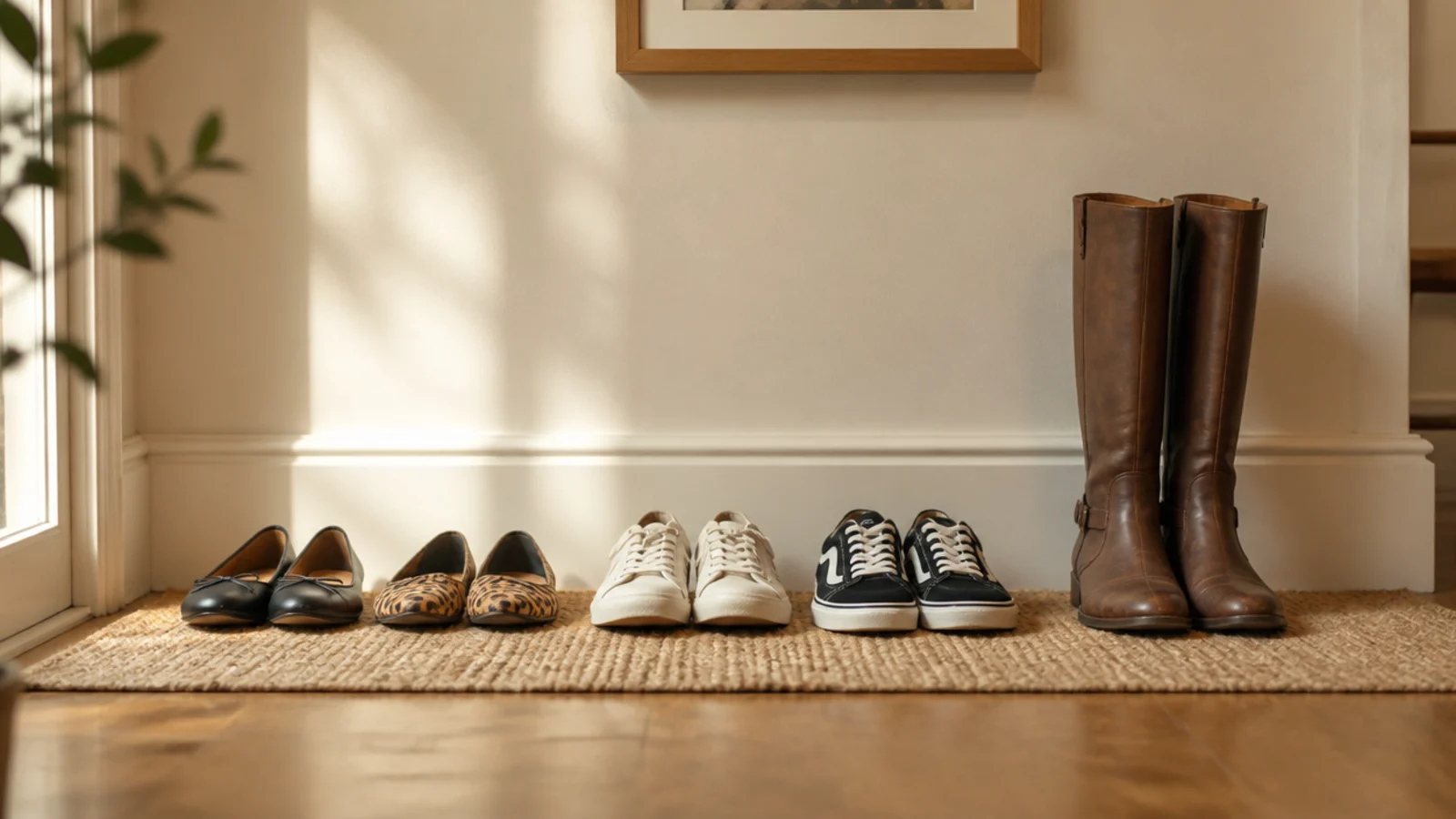 shoes sorted into three groups on a hallway floor before a cabinet build