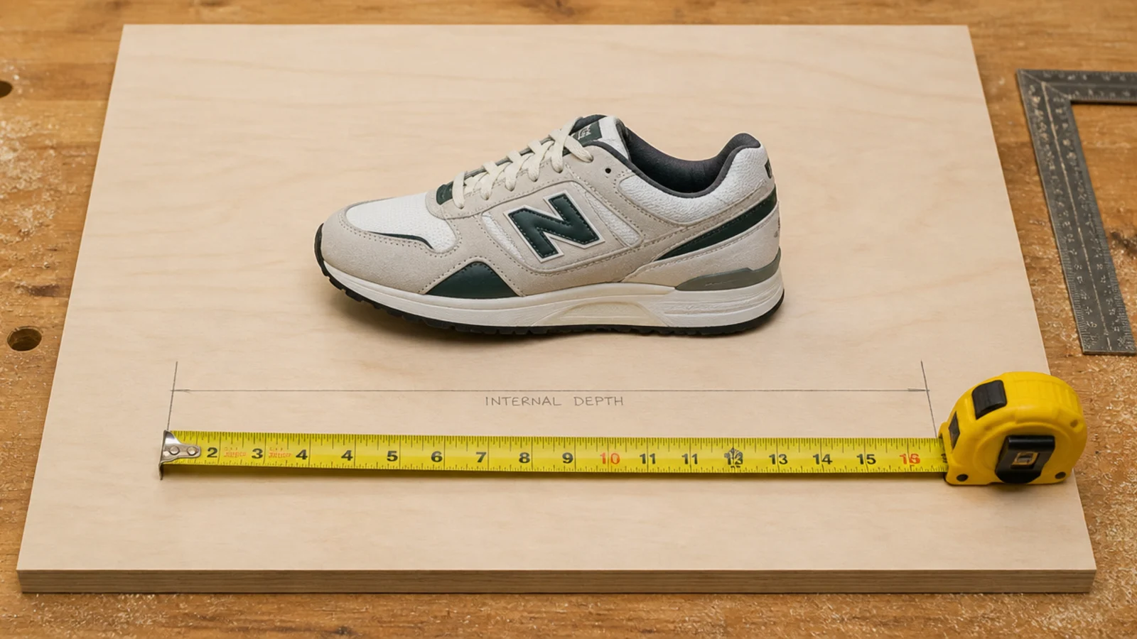 large sneaker measured against a plywood panel marking internal cabinet depth