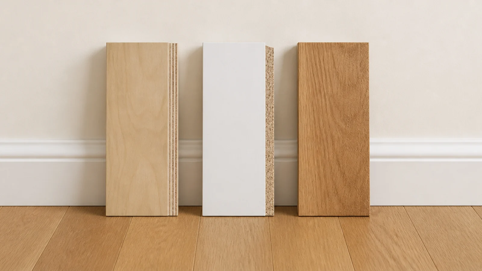 three board samples compared for a wooden shoe cabinet carcass build