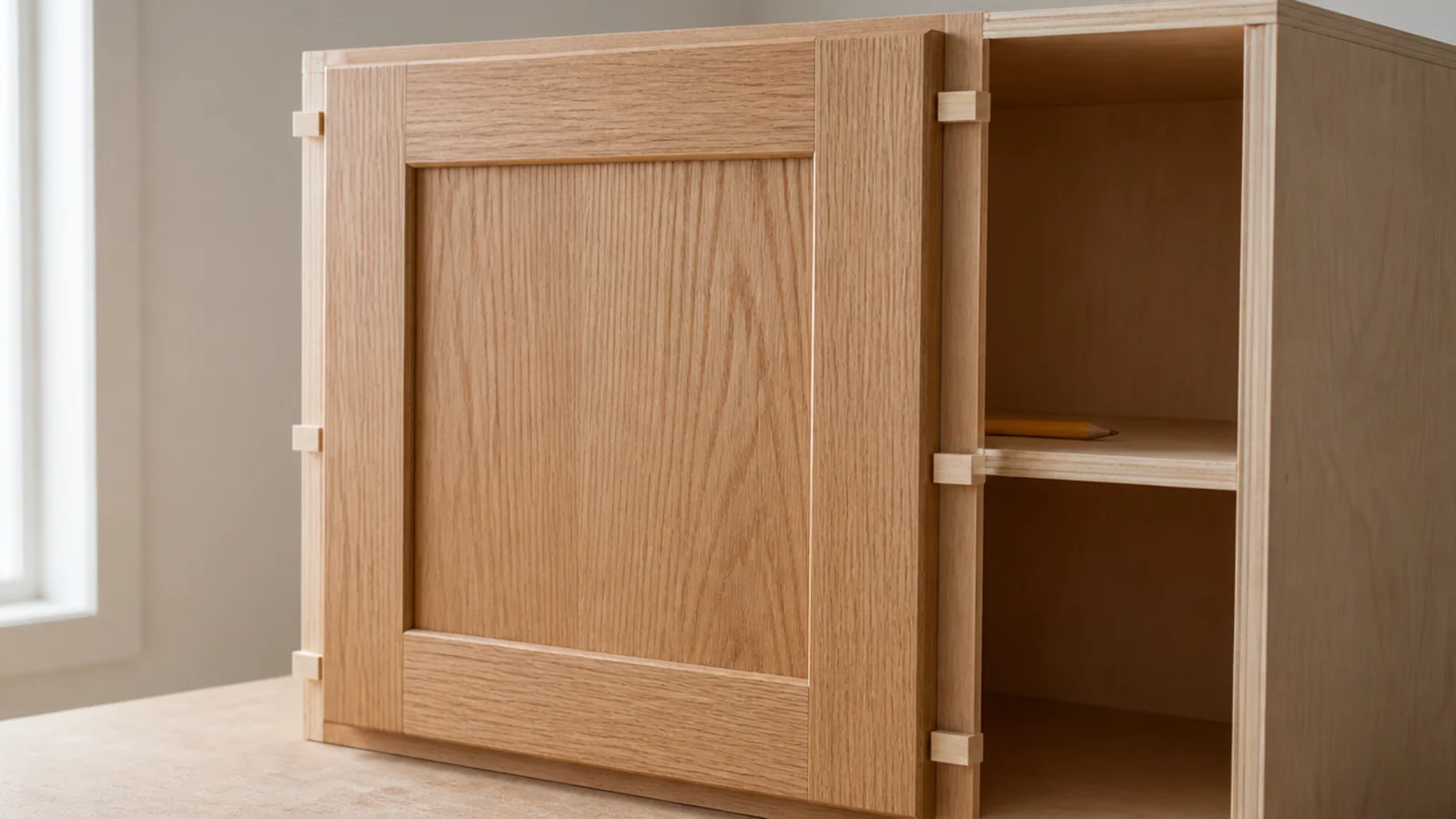 oak door front held against a shoe cabinet carcass to check the reveal