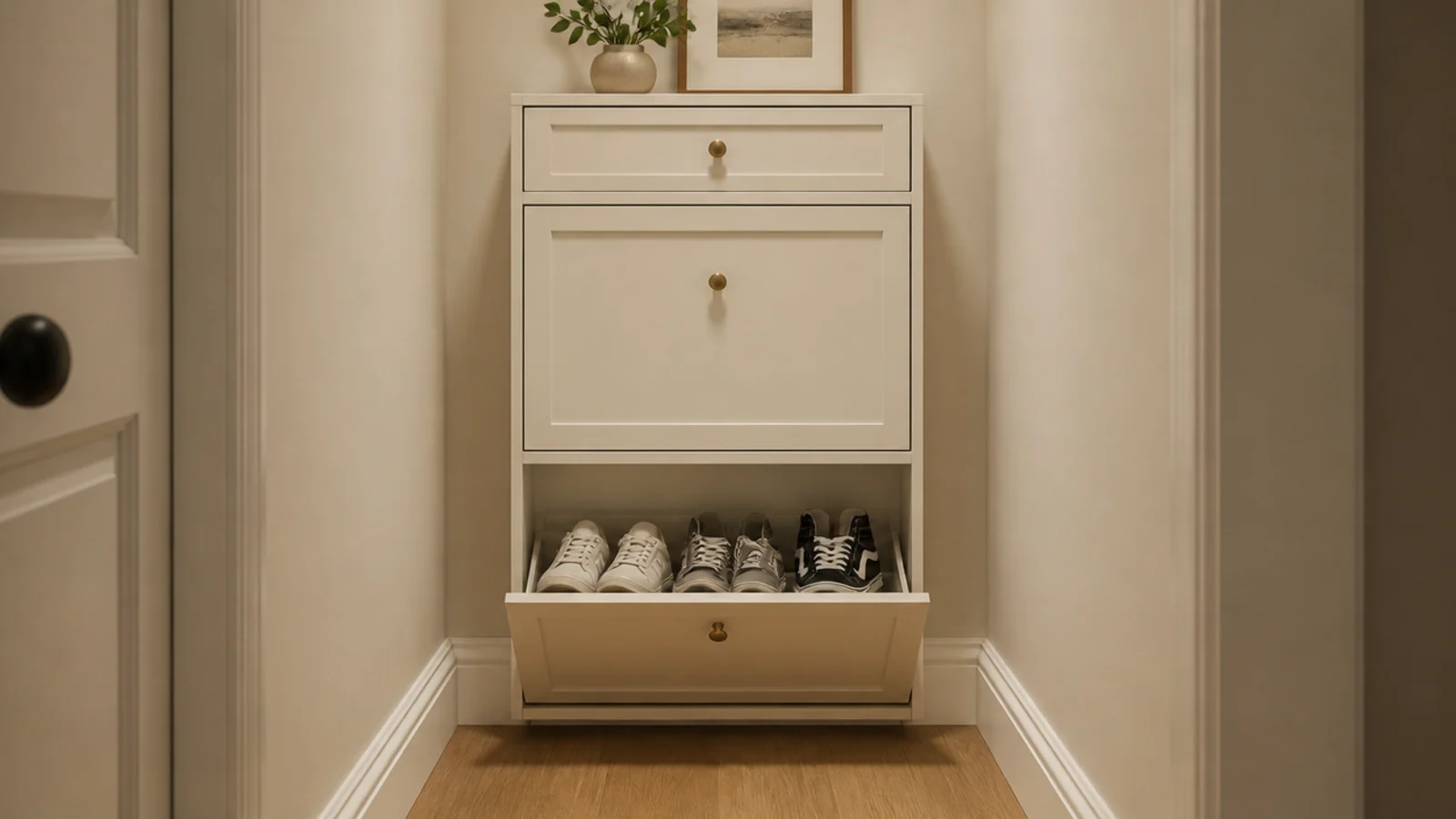 shallow tilt out entryway shoe cabinet with the lower drawer swung open