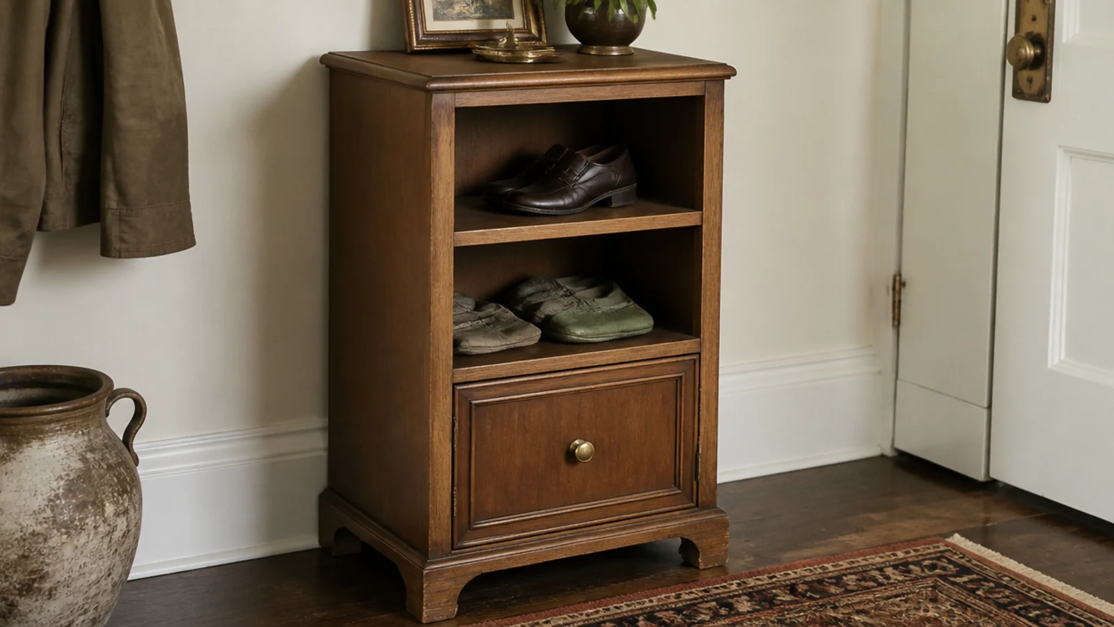 old wooden nightstand converted into an entryway shoe cabinet with shelves