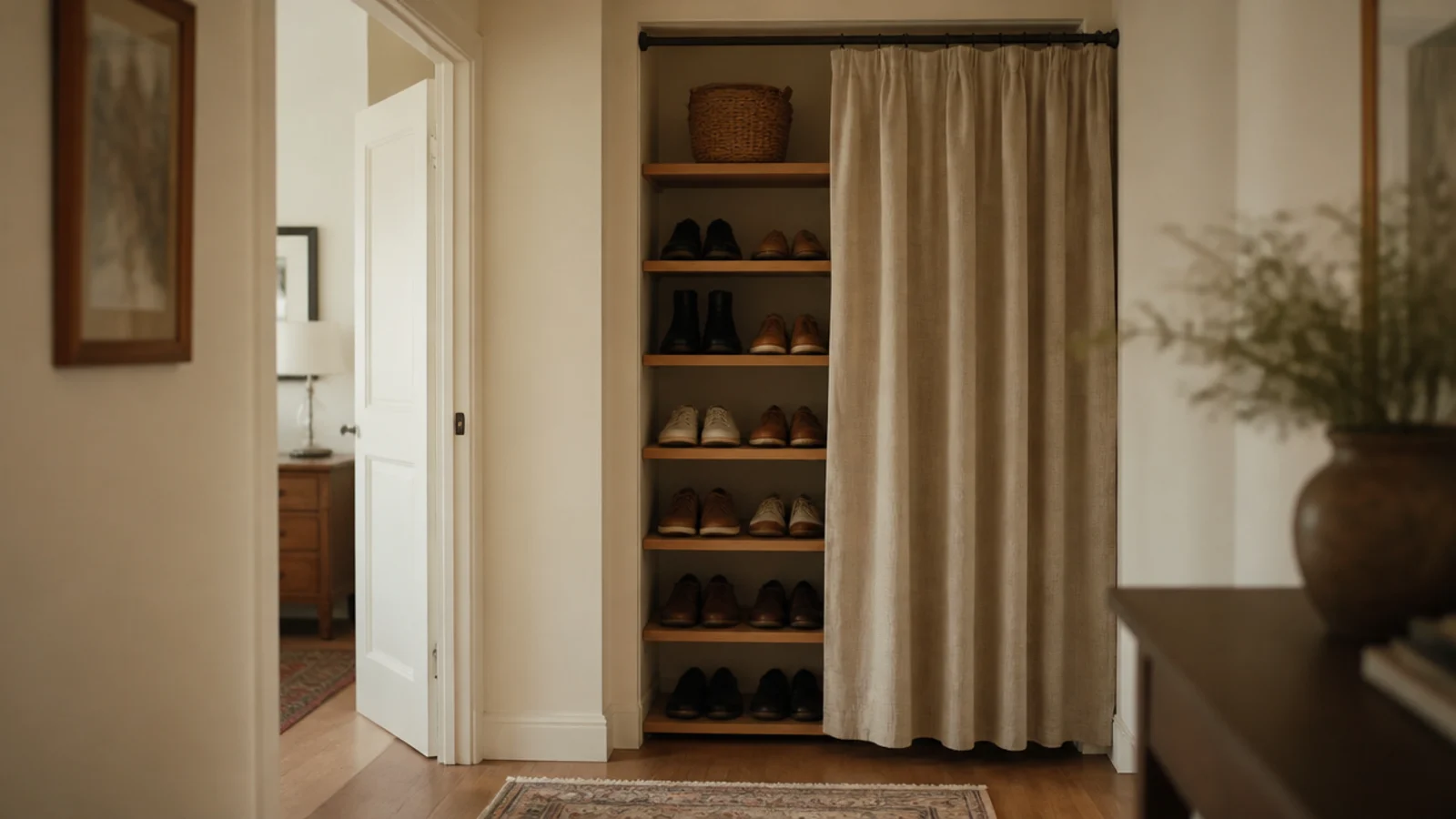 linen curtain on a tension rod covering open entryway shoe shelves