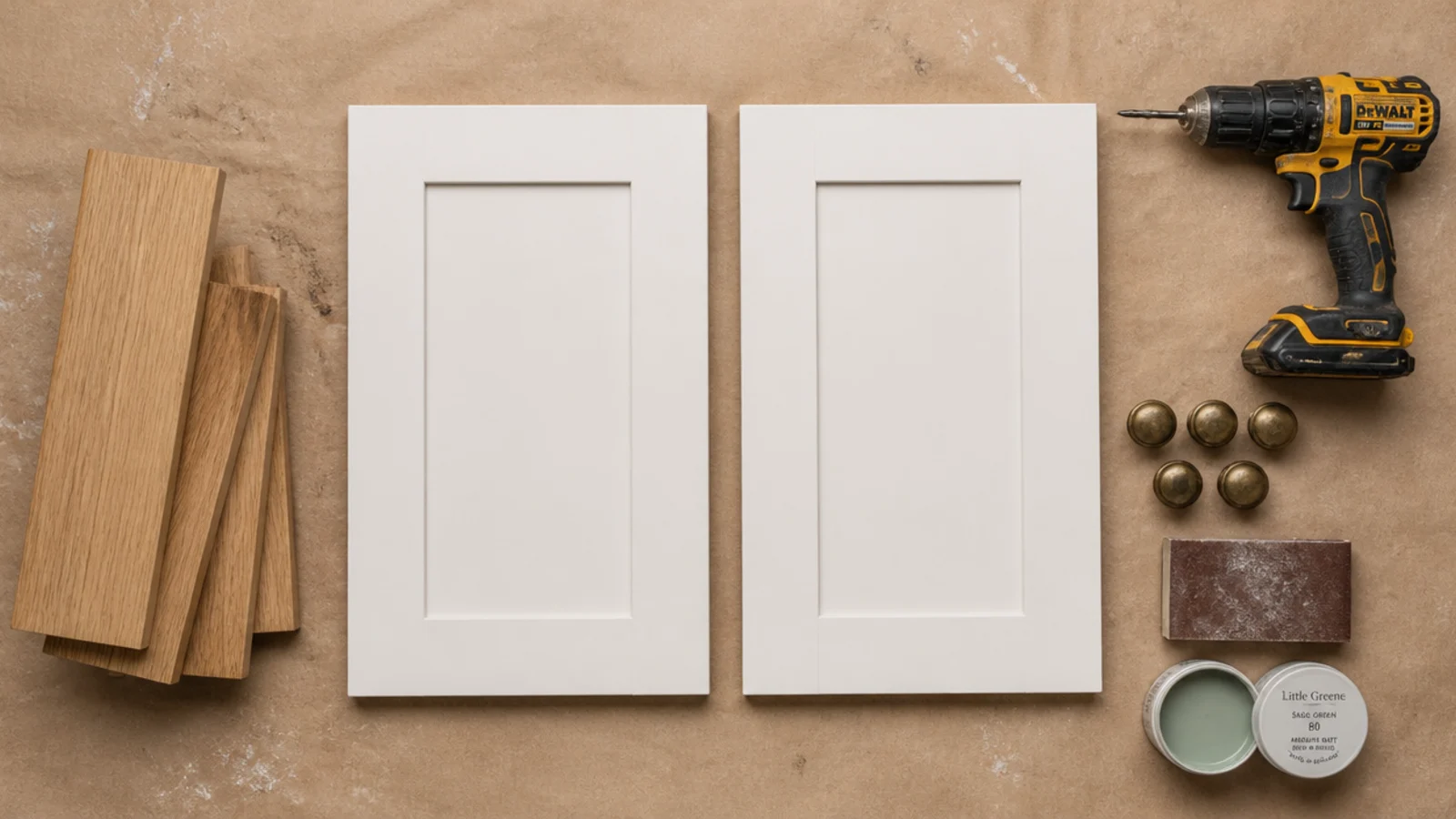 flat pack cabinet panels laid out with brass knobs a drill and sandpaper