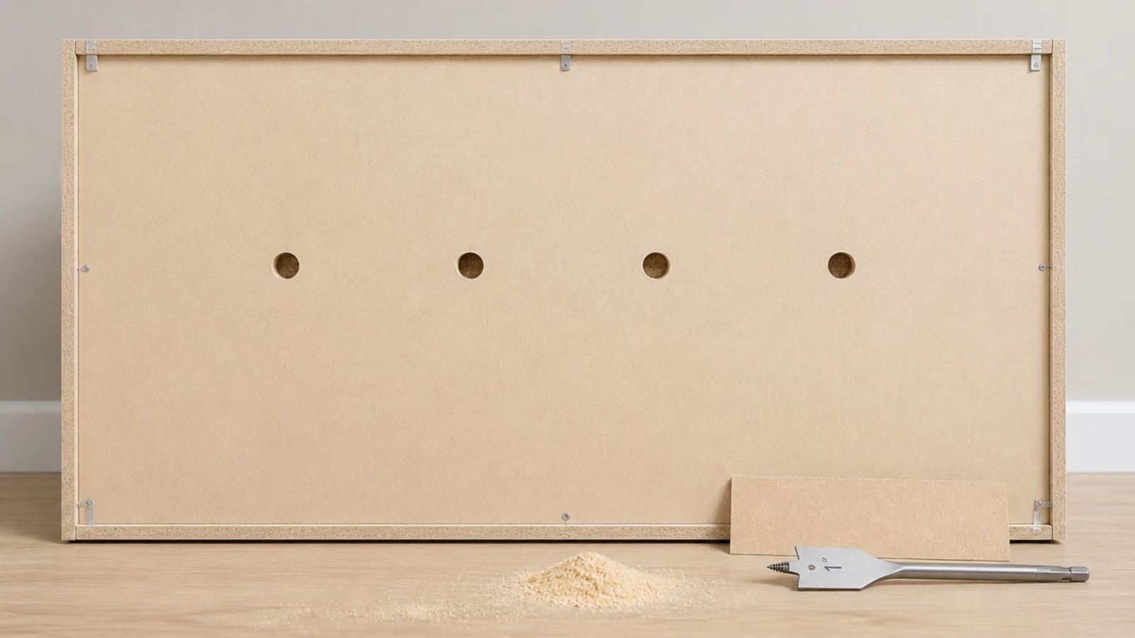drilled ventilation holes in a row across a shoe cabinet back panel