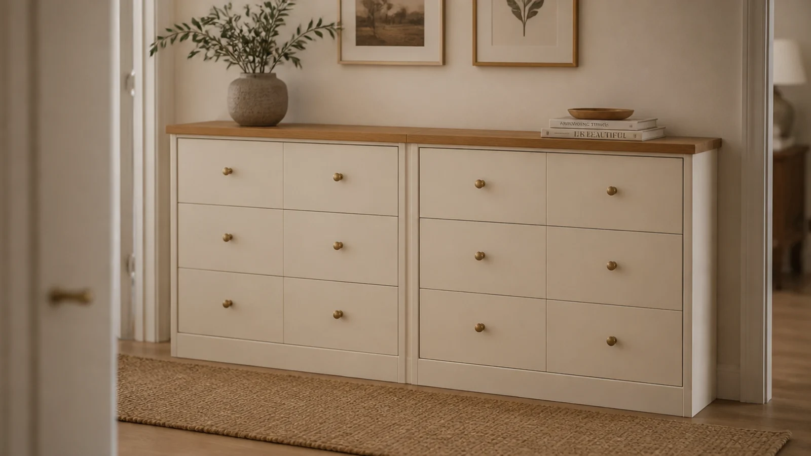 two stacked shoe cabinets unified by a single continuous oak top