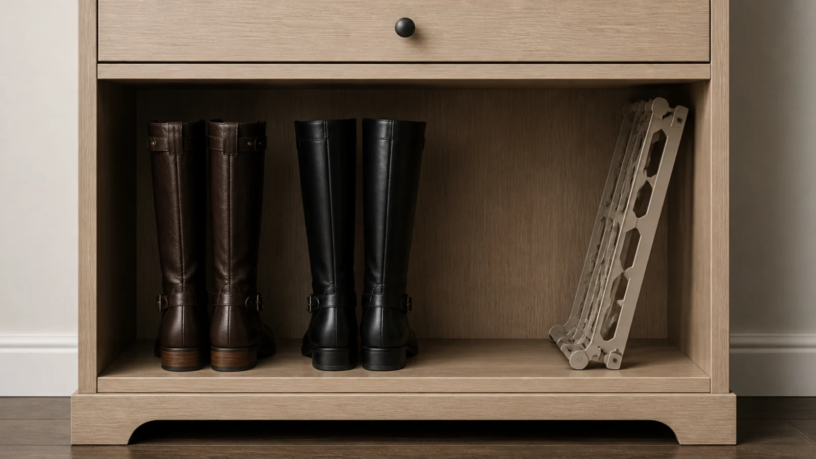 bottom compartment of a shoe cabinet opened out to hold tall boots