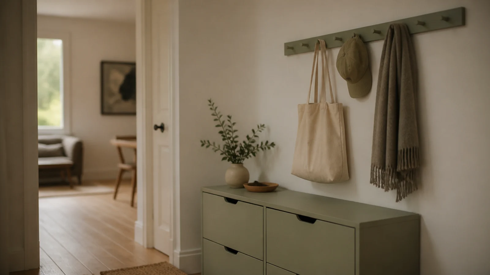 painted peg rail mounted above a matching shoe cabinet in an entry
