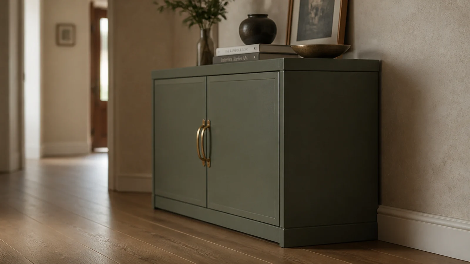 deep sage modern shoe cabinet painted the same shade on front and side