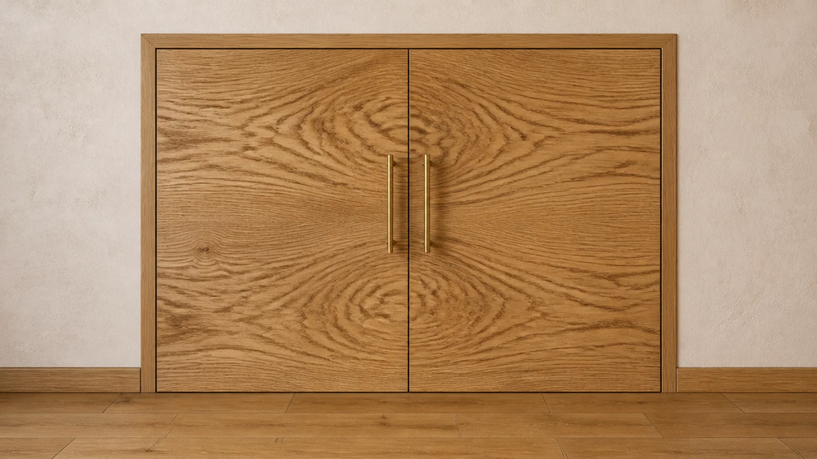 two oak cabinet doors with matched grain running continuously across them