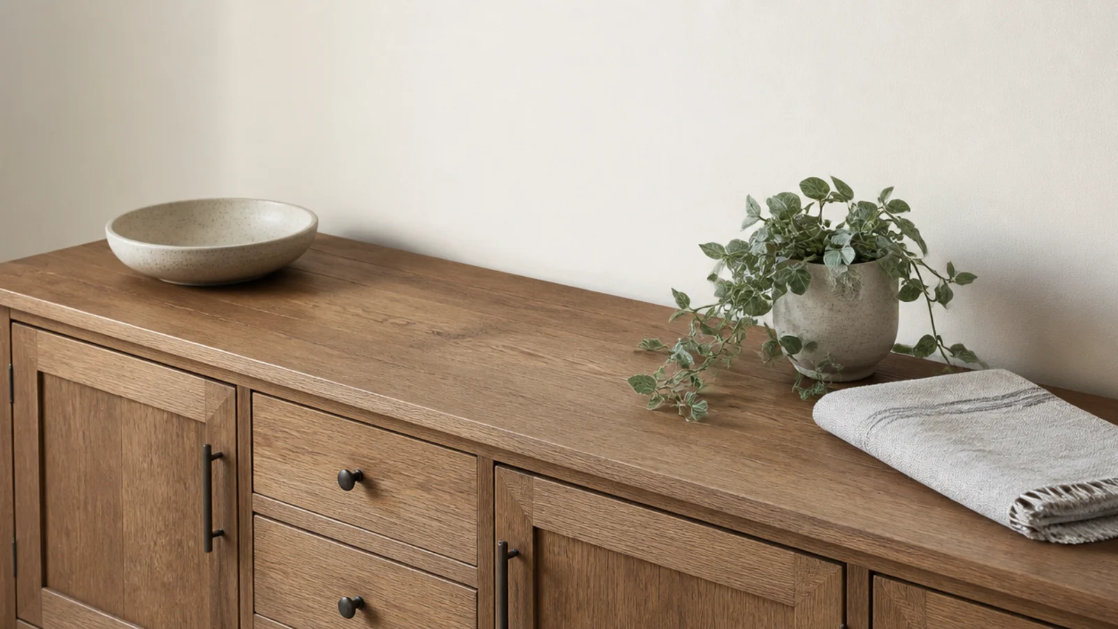 modern shoe cabinet top styled with a bowl a plant and a folded runner