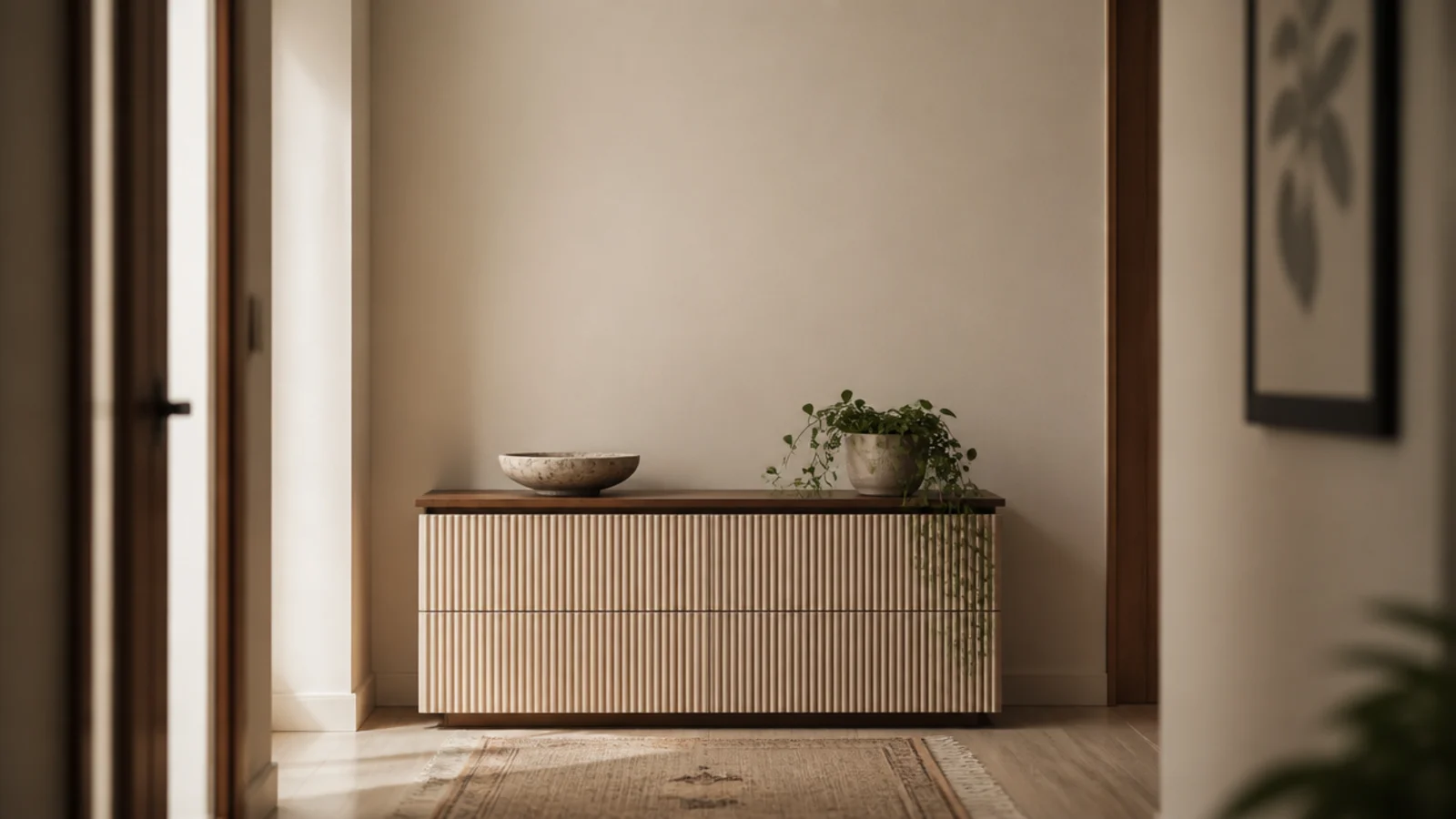 vertical view of a modern shoe cabinet with fluted fronts and brass pulls